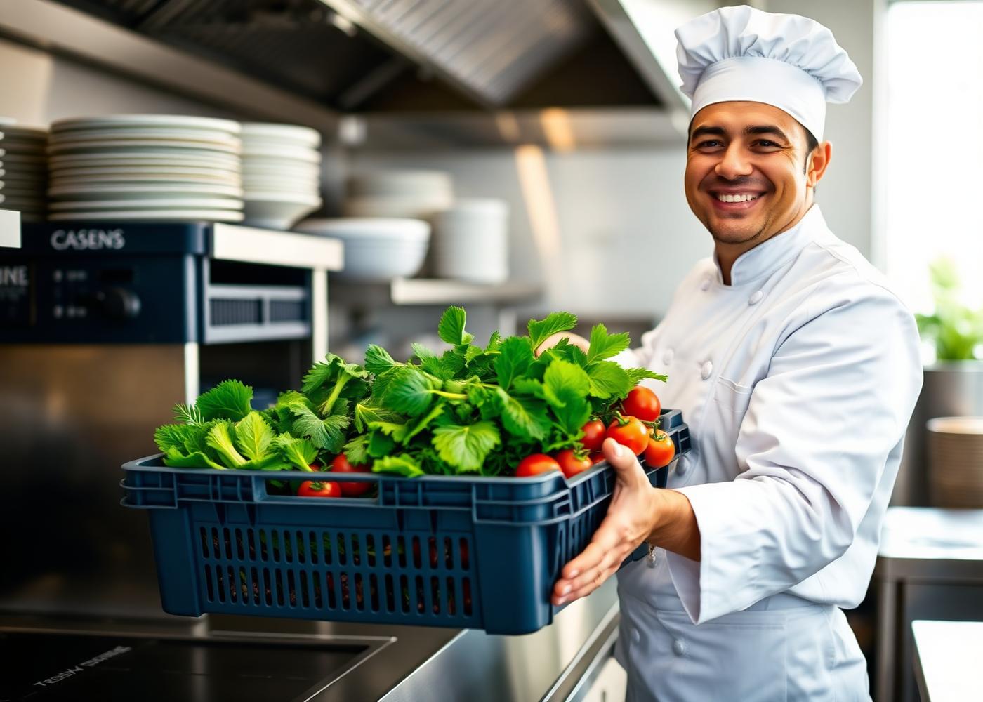 Hotel chef receiving fresh greens and tomatoes from Pastures