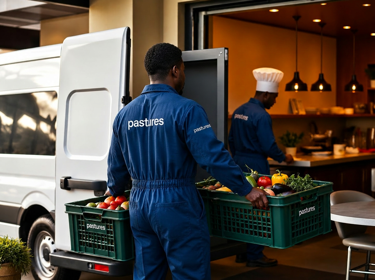 Pastures team delivering fresh produce crates to a restaurant kitchen
