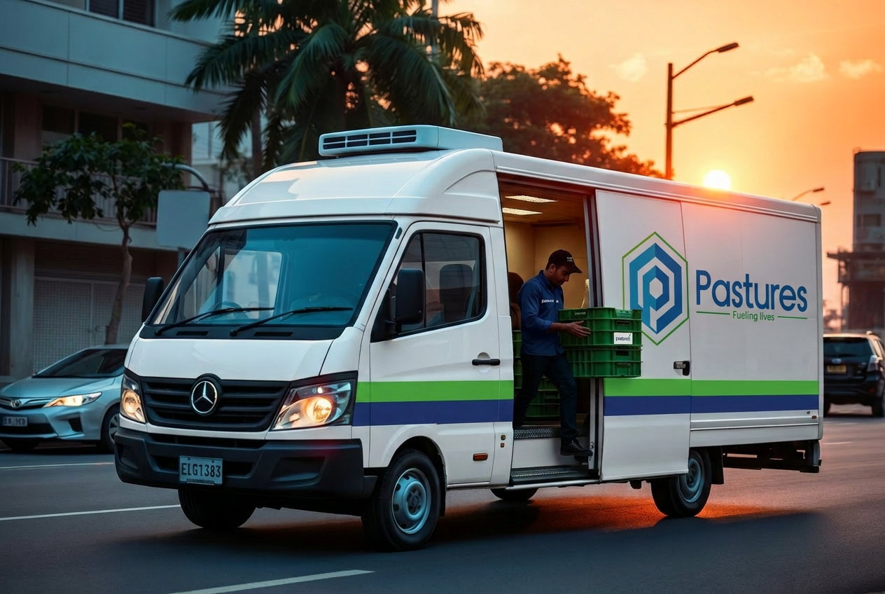 Pastures refrigerated delivery van on a Lagos street at sunrise